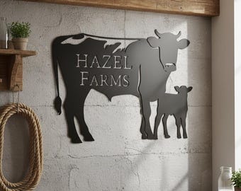 Letrero metálico personalizado de granja de vacas, decoración de pared personalizada de granja, letrero de granja de vaca y ternero, decoración rústica de granja familiar, arte decorativo de silueta de vaca de metal