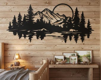 Lake Reflection Metal Decor,Mountain Pine Tree Art,Unique Home Wall Decor,Abstract Mountain Decor,Horizon Lake Wall Art,Rustic Landscape Art