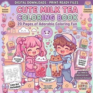 Kawaii Milk Tea Coloring Book & Notepad Bundle | 20 Pages, 13 Designs (Digital Download)