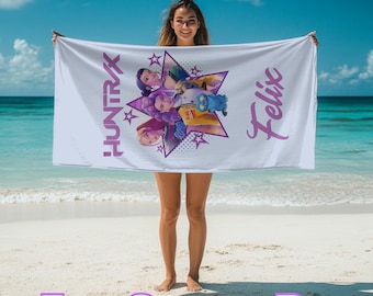 Personalized Kpop Huntrix Beach Towel,Custom Kids Name Pool Towel,Anime Art Bath Towel,Anime Girl Power Art Beach Gift,Summer Vacation Gift