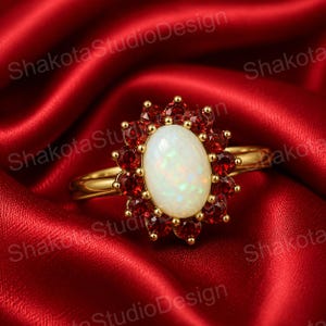 Her Anniversary Gift Ring, Engagement Ring, Lab Created Oval Cut Fire Opal & Garnet, 14K Yellow Gold Plated Purpose Women's Ring