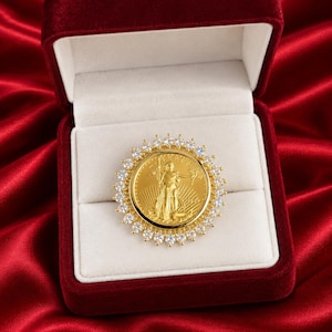 1.50Ct Round Cut Moissanite Diamond Shape Custom Lady Liberty Coin Ring 14k Yellow Gold Plated