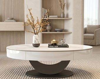 Modern Nordic Coffee Table in Shiny White | Japandi Style Oval Pedestal Table | Minimalist Scandinavian Decor | Luxury Sculptural Table