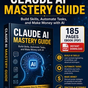 May include: A book cover titled "CLAUDE AI MASTERY GUIDE" with text in yellow and white. The book promises to help readers build skills, automate tasks, and make money with AI. It includes a digital download of a 185-page ebook.