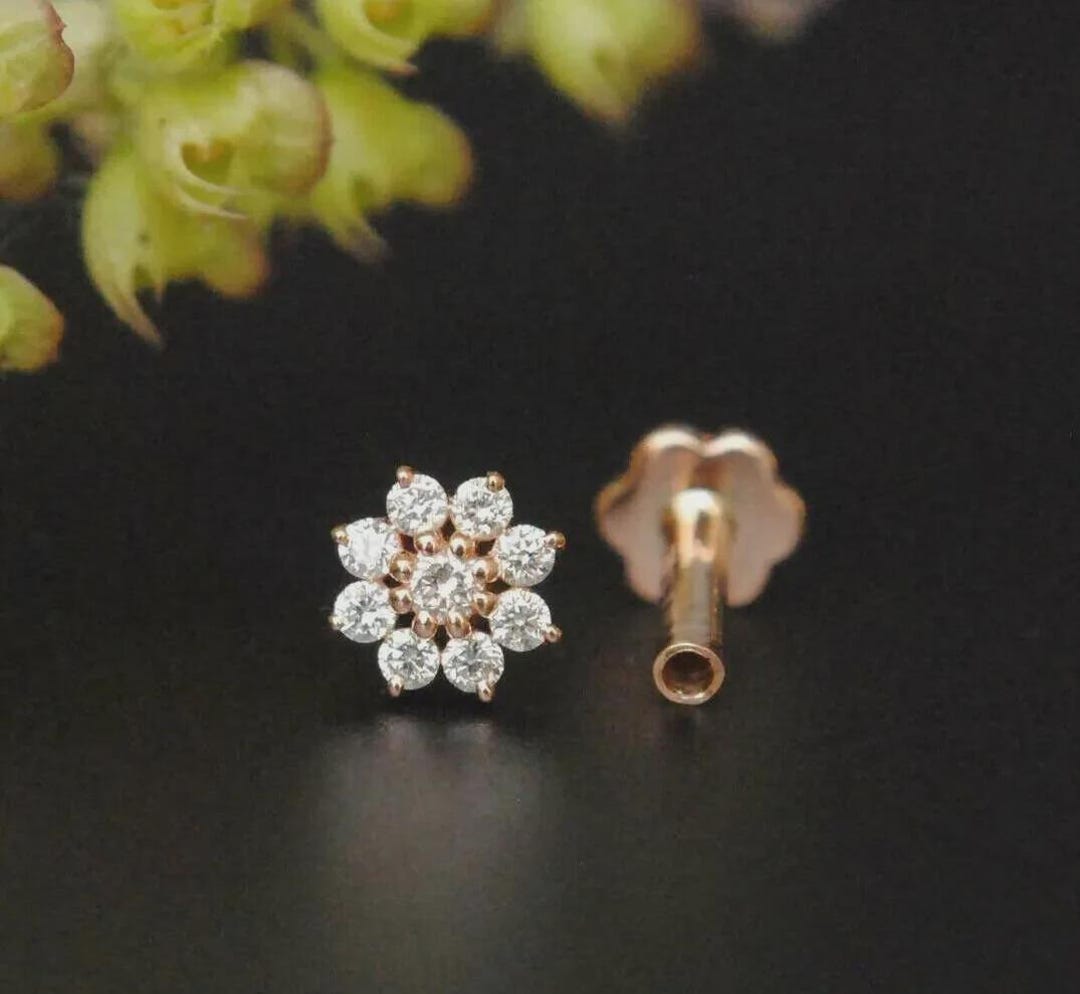 0.25ct Round Diamond Flower Nose Pin Stud Screw With 18K Yellow Plating ...