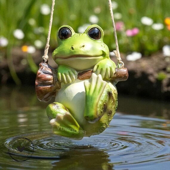 Whimsical Frog on Swing: Resin Garden Ornament - Etsy