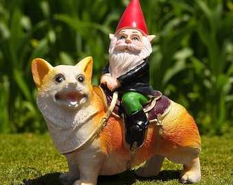 Standbeeld tuinkabouter rijdende hond: grillig gazonornament