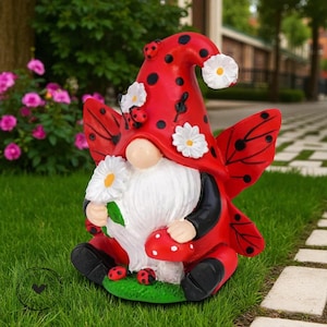 Funny Garden Gnome with Butterfly & Beetle | Whimsical Resin Lawn Statue | Cute Outdoor Yard Figurine | Playful Bug Garden Decor