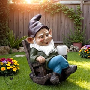 Lazy Gnome Rocking Chair Statue, Coffee Gnome Figurine, Funny Garden Sculpture, Outdoor Yard Decor, Whimsical Gnome Ornament Gift
