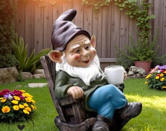 Lazy Gnome Statue: Rocking Chair, Coffee Cup - Funny Garden Decor