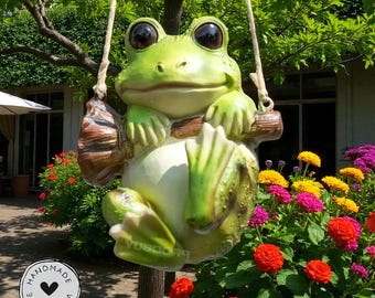 Whimsical Frog on Swing: Resin Garden Ornament
