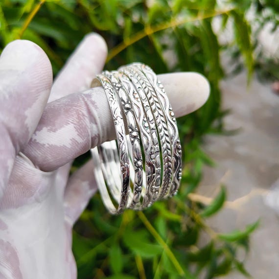 Sterling Silver Flower Bangle Set - Handmade 925 Silver Bangles - Etsy