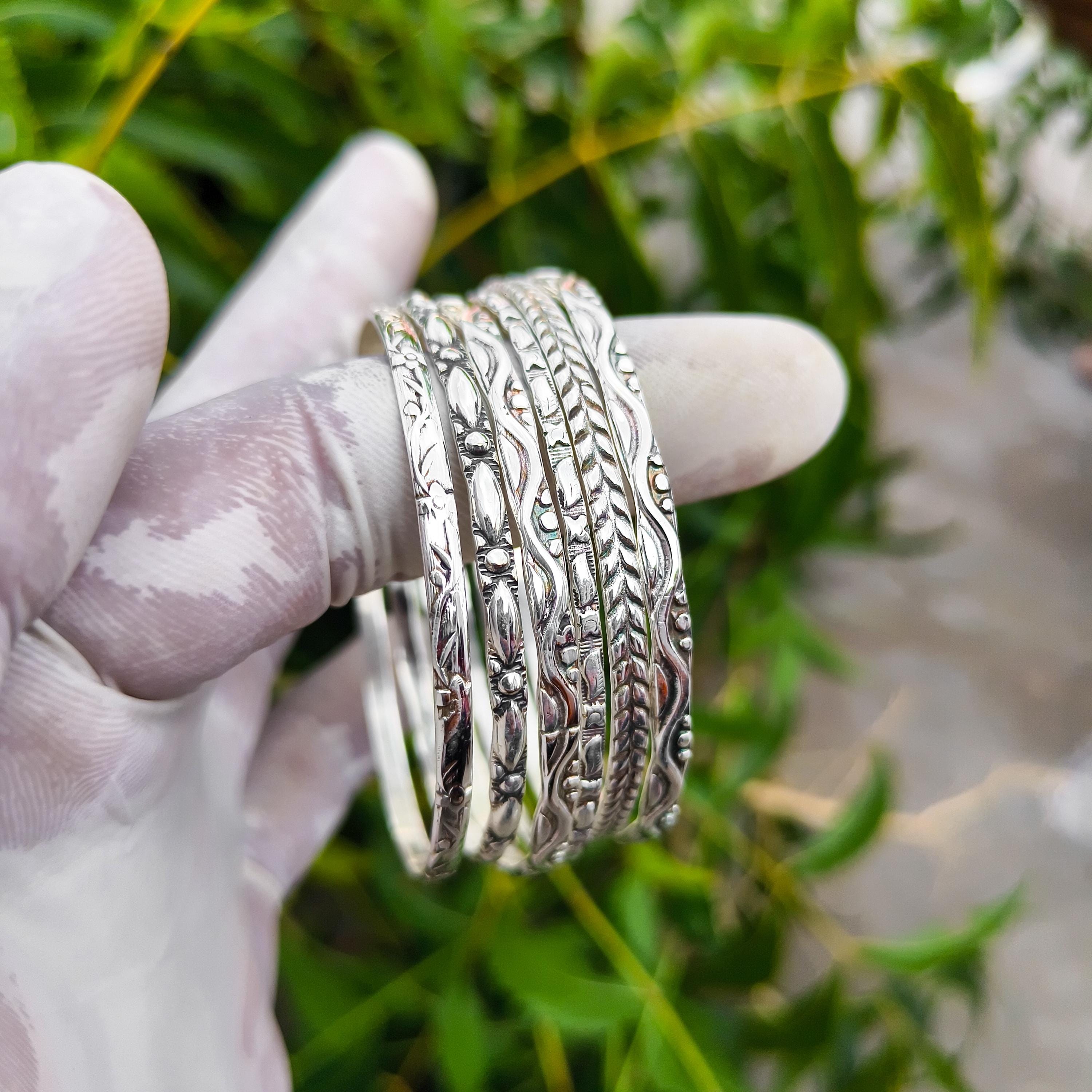 Sterling Silver Flower Bangle Set - Handmade 925 Silver Bangles - Etsy