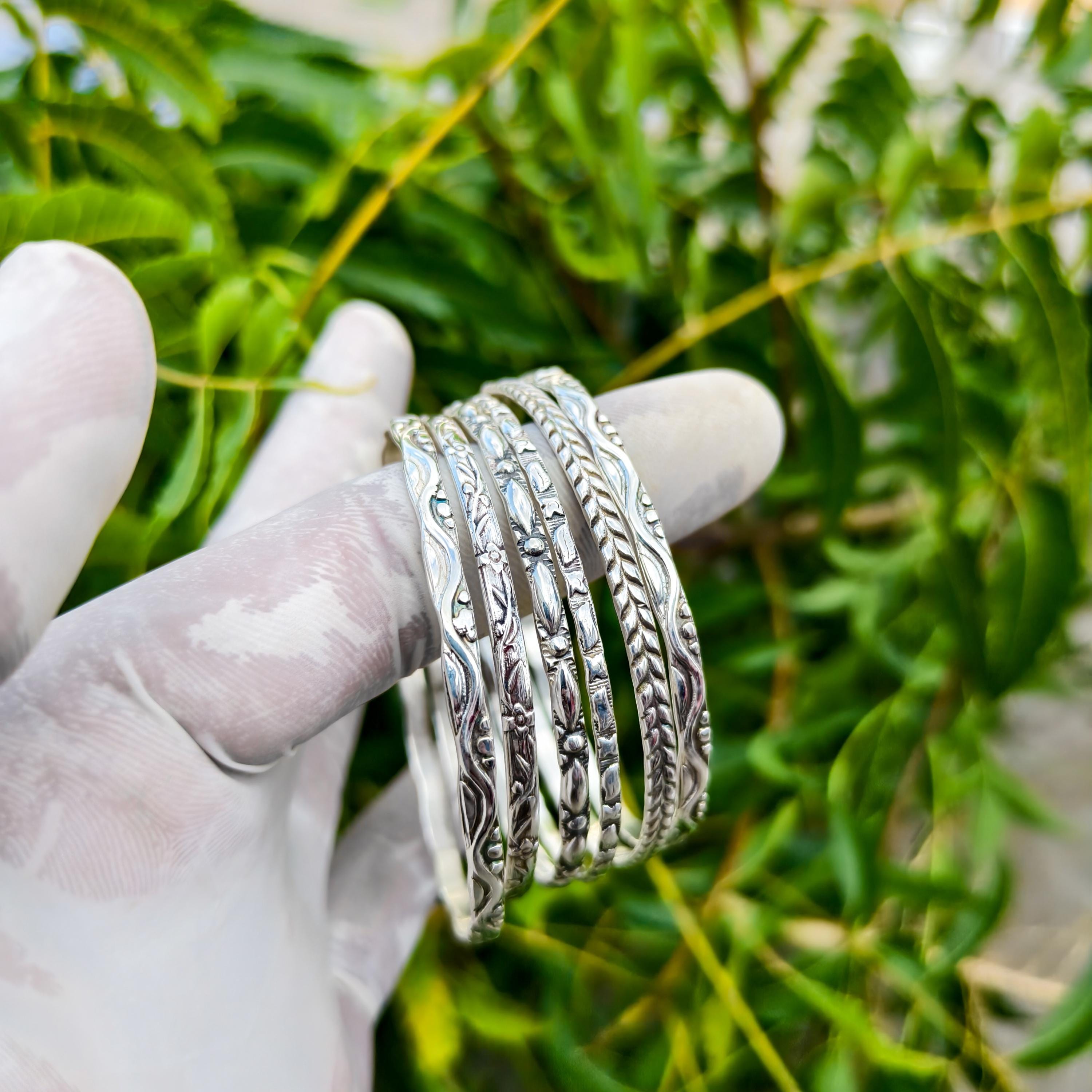 Sterling Silver Flower Bangle Set - Handmade 925 Silver Bangles - Etsy
