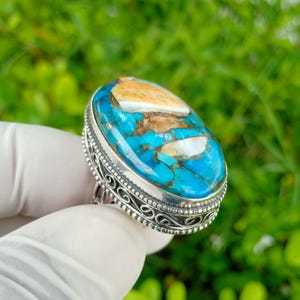 Spiny Oyster Turquoise Ring: Handmade 925 Sterling Silver Boho Ring