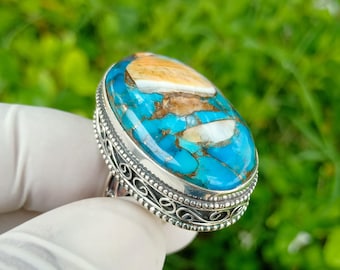 Anillo de turquesa con ostra espinosa: anillo bohemio de plata de ley 925 hecho a mano