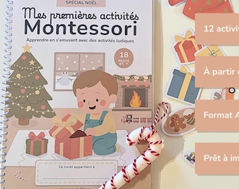 Könnte beinhalten: Ein Spiralbuch mit dem Titel "Mes premières activités Montessori" mit Weihnachtsmotto. Das Cover zeigt ein Kind beim Öffnen eines Geschenks, einen Weihnachtsbaum und einen Kamin. Enthält eine Zuckerstange und dekorative Aufkleber.