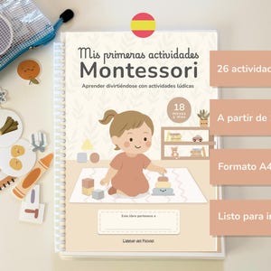 Peut inclure: Un livre d'activités Montessori à spirales intitulé "Mis primeras actividades Montessori". La couverture présente une illustration de dessin animé d'un enfant jouant avec des blocs. Le livre comprend 26 activités pour les enfants de 18 mois et plus. Format A4.