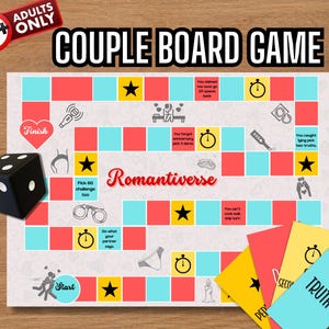 May include: A board game titled "COUPLE BOARD GAME" with a game board featuring red, blue, and yellow squares, dice, and cards. The game includes the text "Romantiverse" and "18+ Adults Only" is displayed.