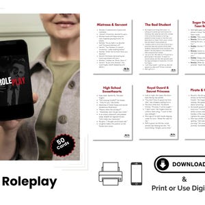 Peut inclure: Une personne tenant un smartphone affichant "ROLE PLAY" en texte blanc et rouge. L'image montre un homme en costume. L'image montre également six cartes avec du texte et un cercle rouge avec "50 cartes". Le bas de l'image indique "Roleplay".