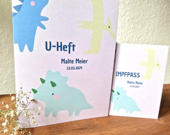 Impfpass und U-Heft Hülle personalisiert mit Namen - Hülle U-Heft + Impfpass  - Geschenk zur Geburt - Dinosaurier