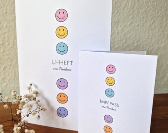 Impfpass und U-Heft Hülle personalisiert mit Namen - Hülle U-Heft + Impfpass  - Geschenk zur Geburt - Smileys
