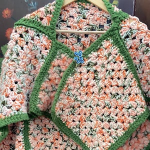 Funky 1970s Orange, Green, and White Crochet Sweater Poncho