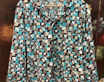 Geometric Print 1970s Button Down Pajama-Style Shirt