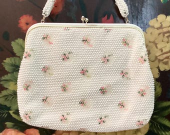 Large 60s White and Clear Beaded Purse With Pink Flowers - Lumured