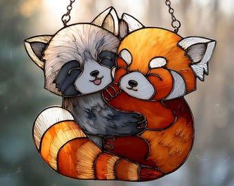 Atrapasueños acrílico con diseño de mapache y panda rojo, acogedor y romántico adorno para ventana con imitación de bosque, regalo de aniversario para amantes de los animales.