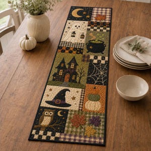 Vintage Halloween lapptäcke bordslöpare, pumpa svart katt fladdermus godismajs dekor, primitiv höst läskig matlöpare