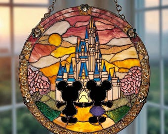 Witrażowy łapacz słońca Myszka Miki i Przyjaciele | Dekoracja okienna Disney Wildflower | Kolorowy łapacz słońca Myszka Miki | Klasyczny wystrój domu Disney