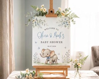 Babyparty-Willkommensbanner, Elefant-Blumenschild, personalisiertes Jungen-Babyparty-Plakat, blaues botanisches Partydekor