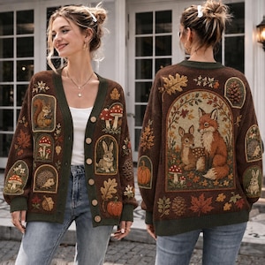 May include: A brown knit cardigan featuring a button-down front and a forest-themed pattern. The design includes various framed illustrations of a squirrel, rabbit, hedgehog, fox, deer, mushrooms, pumpkins, pinecones, and autumn leaves.