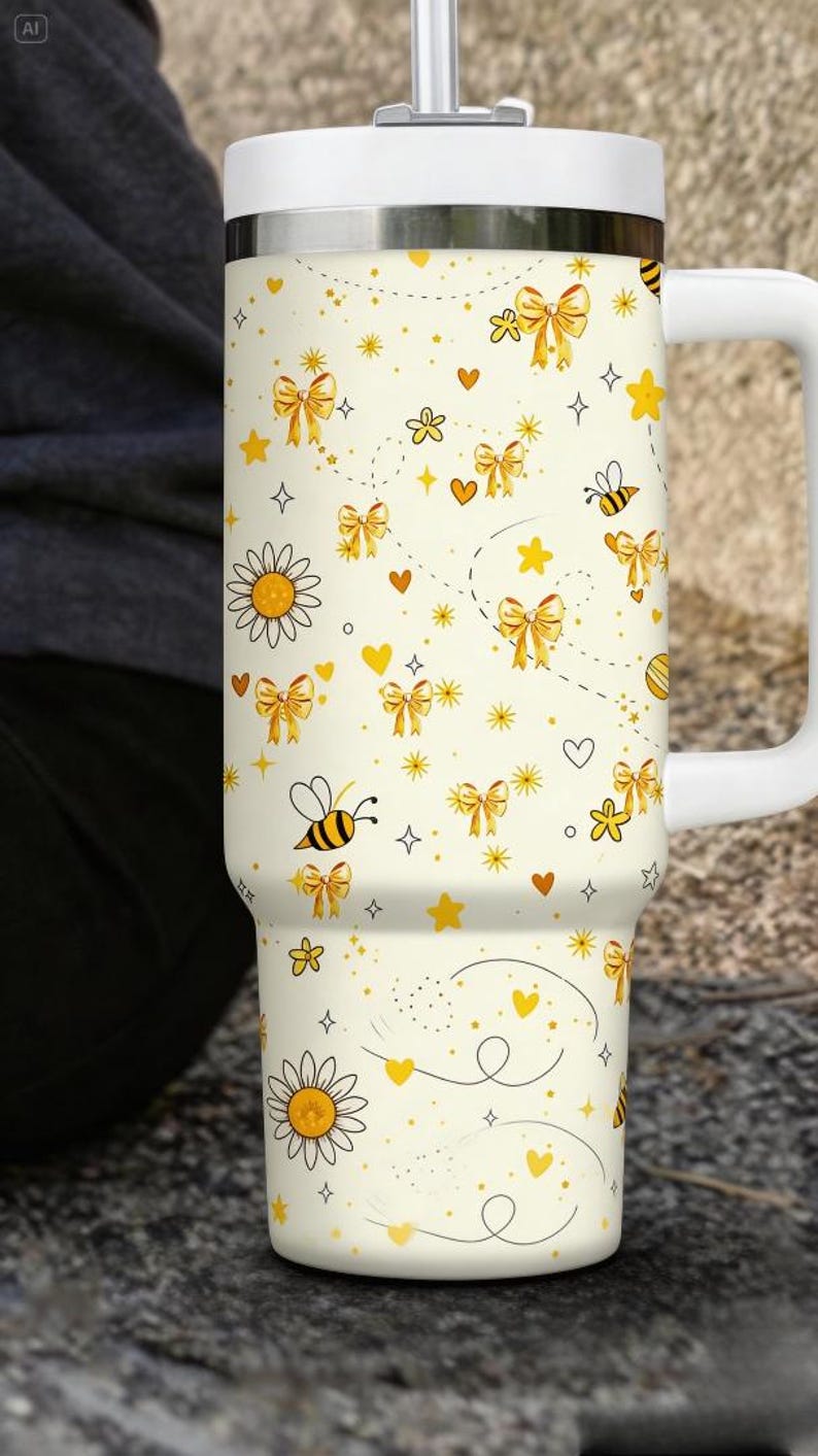 Bee Bow 40oz Tumbler with Handle, Daisy Floral Travel Mug, Cute Yellow Stanley Style Cup, Gift for Mom, Spring Aesthetic Tumbler image 3