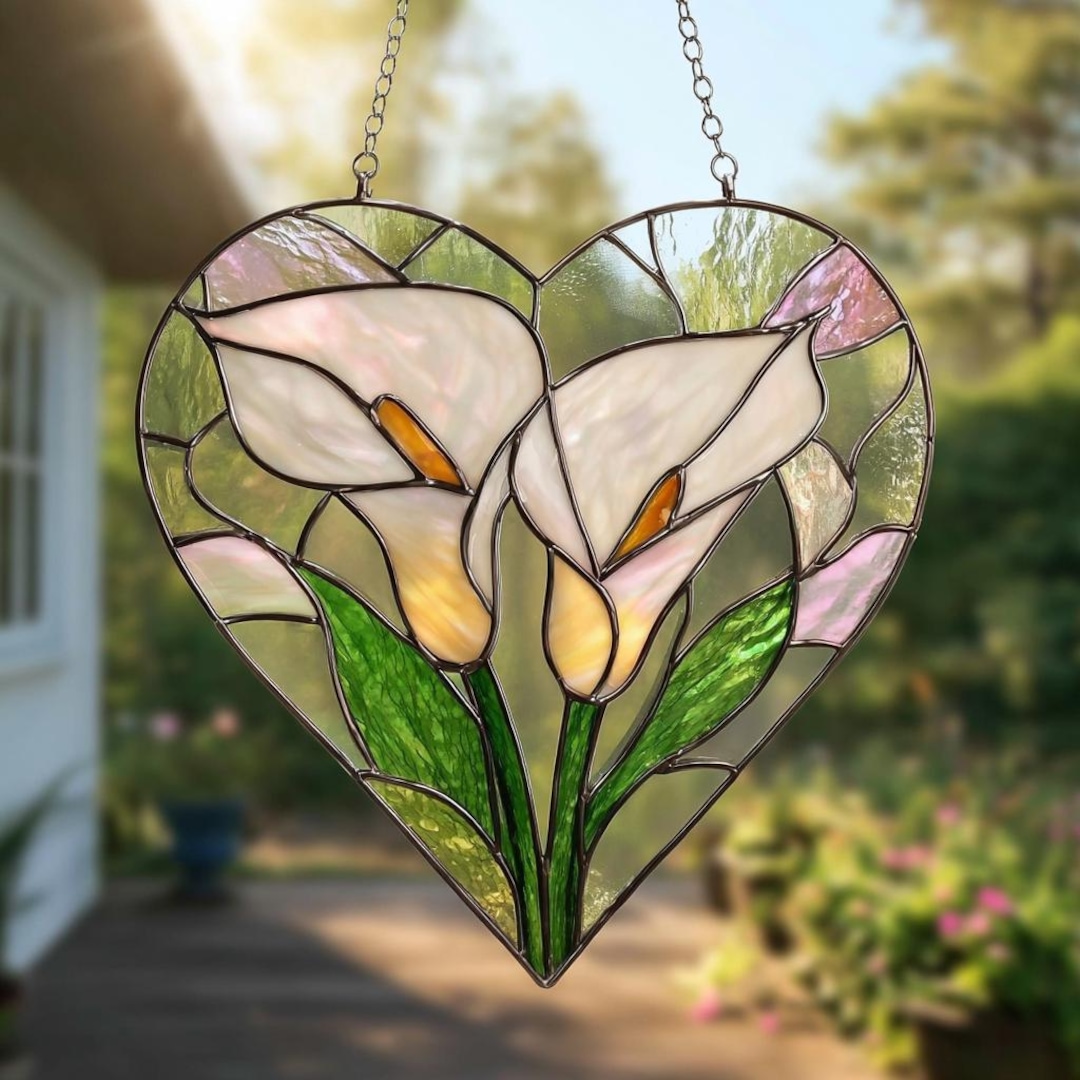 Stained Glass Calla Lily Heart, Handmade - Option 4, Glass 6 Inches