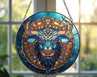 Atrapasueños del zodíaco, vitral de Tauro, arte astrológico en vidrio para signos de tierra, decoración celestial para ventanas, regalo de cumpleaños para los amantes de Tauro.