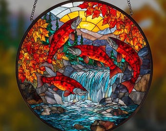 Stained Glass Salmon Run Suncatcher: Fisherman Gift, Alaska Cabin Decor with Bass Fish Silhouette and Lake Scene,Gift for Outdoorsmen
