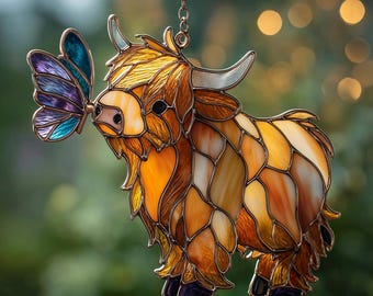 Highland Kuh gebeizt ACRYL Suncatcher, Sonnenblumen-Fensterpaneel, Bauernhaus im rustikalen Stil, Landhausliebhaber, Einweihungsparty Geschenkidee