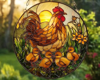 Spring Hen and Chicks Stained Glass Style Window Hanging, Chicken Lover Gifts, Backyard Chickens window ornament, Farm Animal Lover