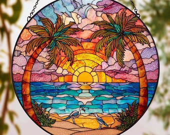 Glasmalerei-Palme Suncatcher-handgemachter Strand-Sonnenuntergang-Geschenk für sie