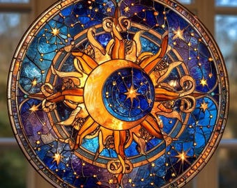Sonne und Mond Glasmalerei Acryl Suncatcher, Fensterschmuck, spirituelles Wohndekor, natürliches Dekor, Mond und Sonne, magische Nacht