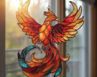 Phoenix Acrylic Suncatcher, Fantasy Lover Gift, Phoenix Ornament, Mythical Bird Window Hanging Decor, Vibrant Fire Phoenix Gift
