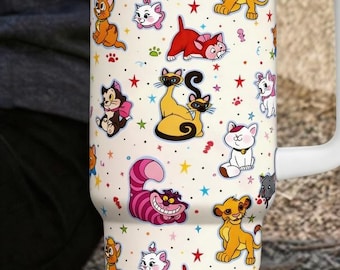 Disney Cartoon Cat 40oz Tumbler with Handle, Cute Disney Characters Travel Mug, Stanley Style Cup, Gift for Mom, Disney Lover Tumbler