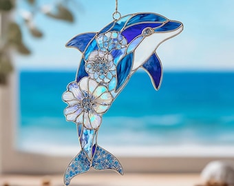 イルカのステンドグラスのサンキャッチャー：海のアート窓飾り - Etsy 日本