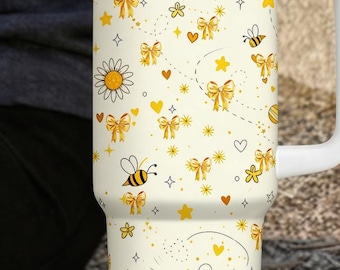 Bee Bow 40oz Tumbler with Handle, Daisy Floral Travel Mug, Cute Yellow Stanley Style Cup, Gift for Mom, Spring Aesthetic Tumbler
