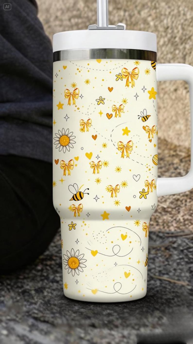 May include: A white travel mug with a handle, decorated with a pattern of yellow bows, bees, hearts, and daisies. The mug has a stainless steel band and a white lid. The design is set against a cream-coloured background.