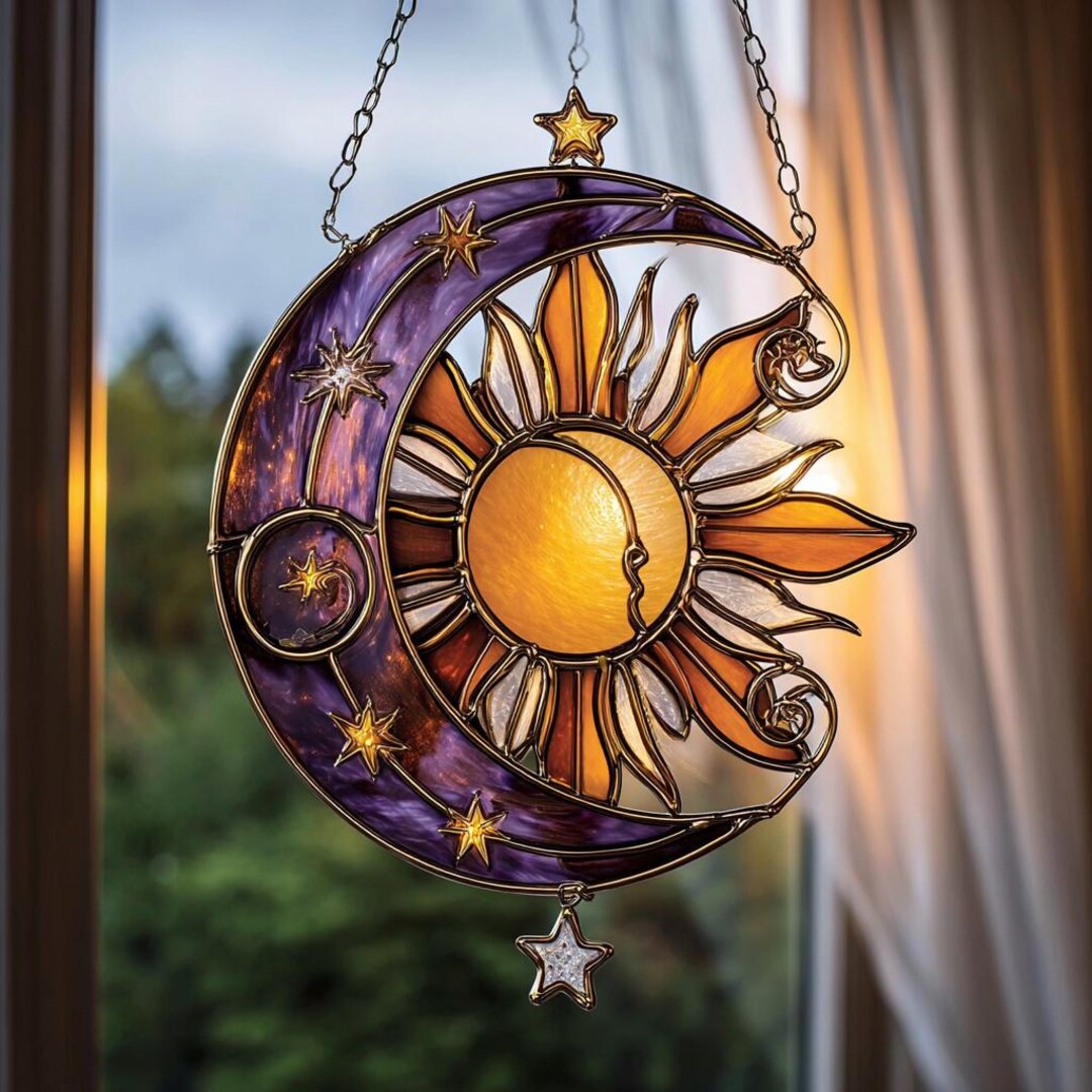 Sun and Moon Suncatcher in Celestial Harmony, Acrylic Stained Window ...