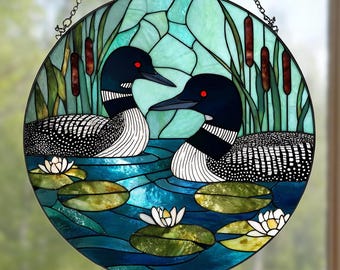 Loon Couple Stained Glass Suncatcher, Wildlife Bird Window Hanging, Nature Lodge Wall Art, Rustic Cabin Wildlife Decor, Nature Lover Gift