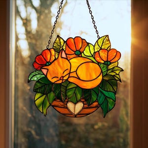 Könnte beinhalten: Buntglas-Suncatcher mit einer schlafenden orangefarbenen Katze, die sich zwischen orangefarbenen Blumen und grünen Blättern befindet. Die Katze und die Blumen befinden sich in einem braunen Korb mit einem herzförmigen Design. Hängt an einer schwarzen Kette.